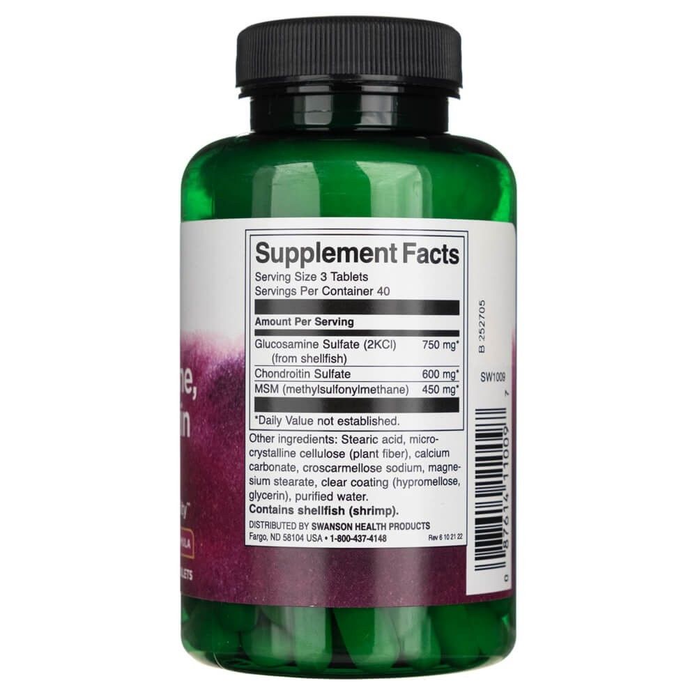 Flacone verde con etichetta Supplement Facts: Glucosamina solfato, condroitina solfato, MSM. Contiene crostacei.
