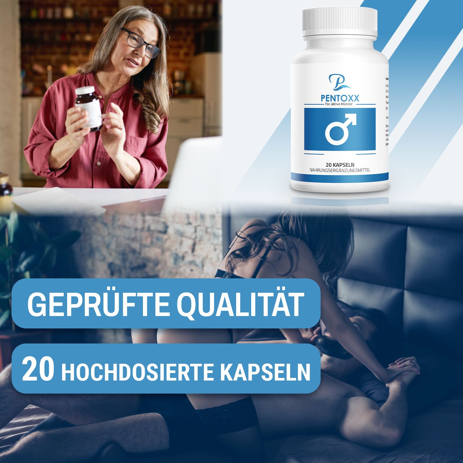 Flacone PENTOXX. Scritta: 20 capsule. Integratore alimentare. Donna che tiene il flacone. Testo: Qualità certificata, 20 capsule ad alto dosaggio.