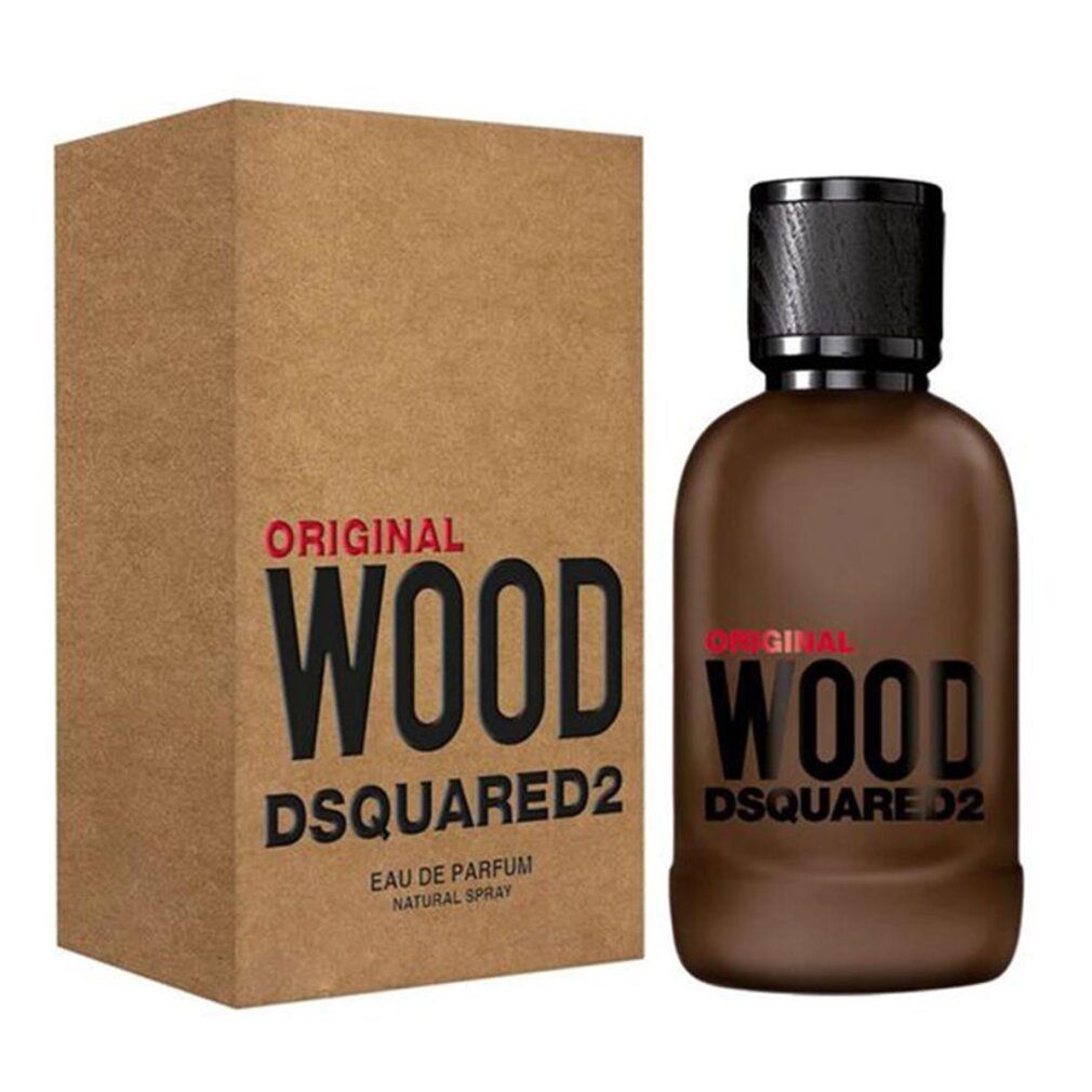 Flacone di profumo e confezione. Scritta: Original Wood Dsquared2. Eau de Parfum Natural Spray.