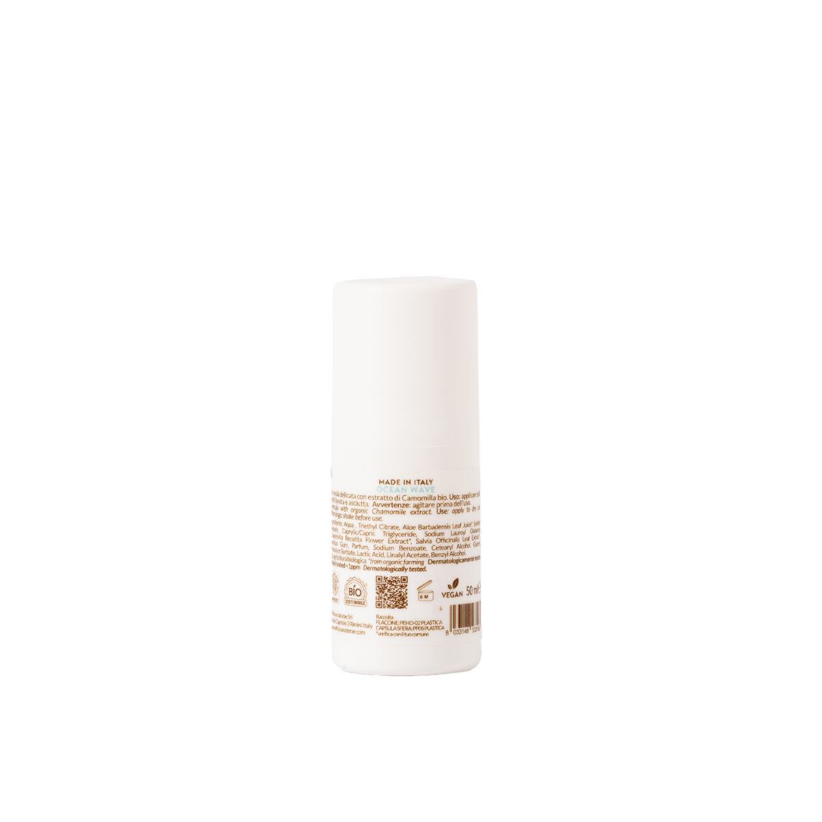 Retro di un deodorante roll-on bianco. Testo: Made in Italy, informazioni, codice QR, certificazione bio, 50 ml.