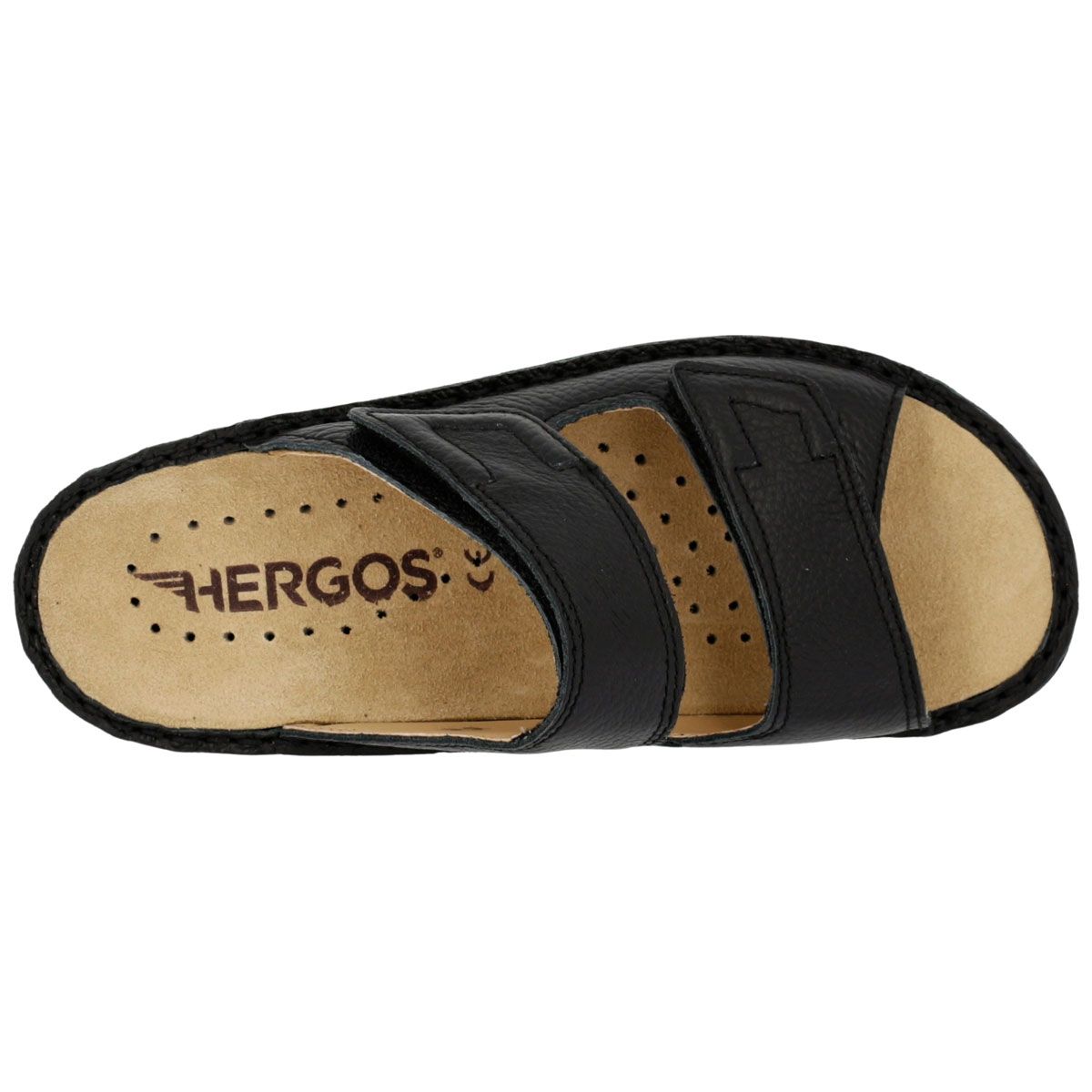 Sandalo nero con due chiusure a strappo. Sottopiede beige con logo. Vista dall'alto.