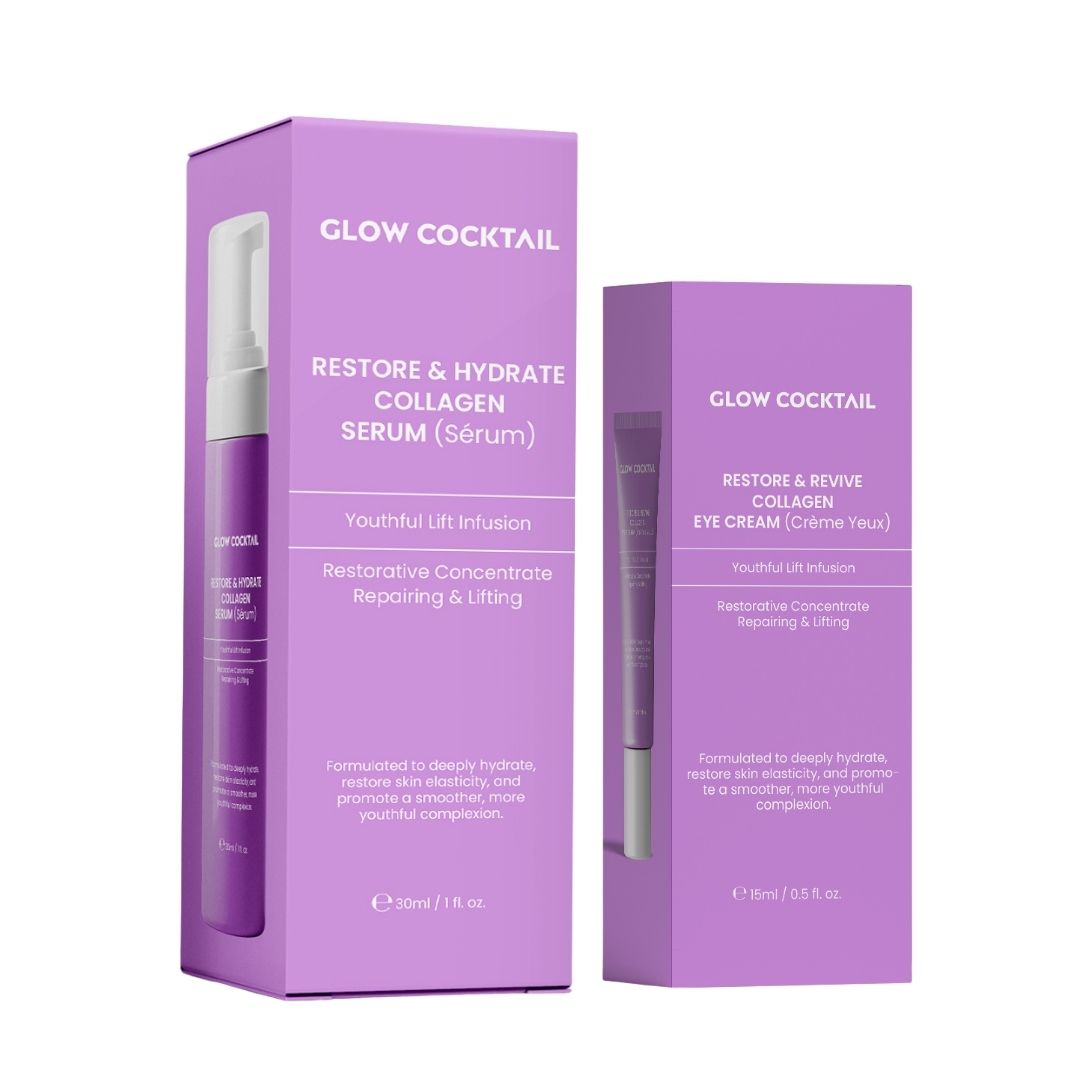 Confezioni Glow Cocktail Siero e Crema Occhi. Scatole viola con illustrazioni del prodotto.