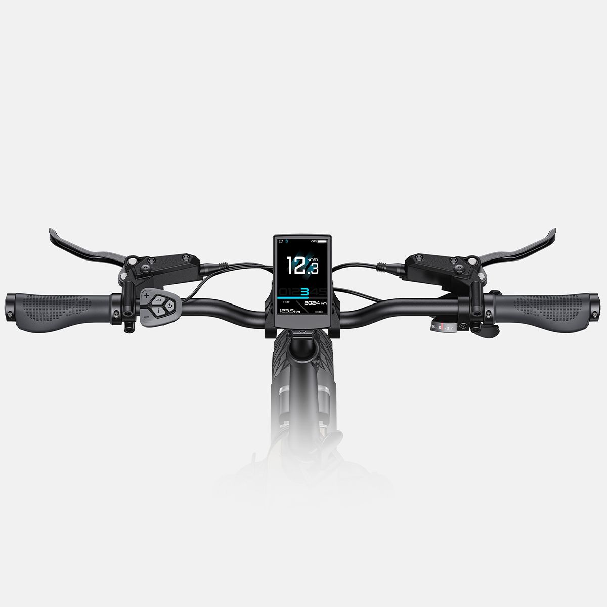 Manubrio di una e-bike ENGWE L20 3.0 Pro. Display digitale con indicazioni. Leve freno e manopole.
