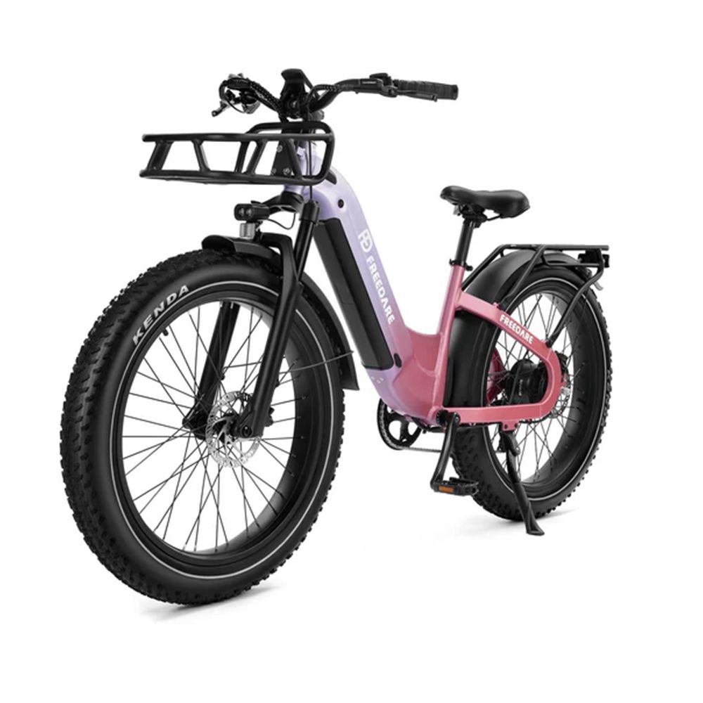 Bicicletta elettrica con cestino anteriore. Telaio lilla-rosa, pneumatici neri con logo Kenda. Portapacchi posteriore. Logo FREEDARE.