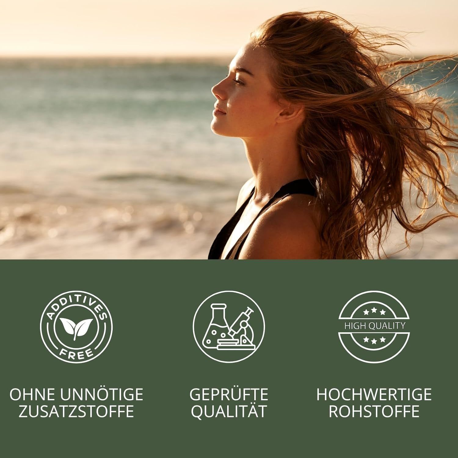 Donna sulla spiaggia. Testo: Senza additivi inutili, Qualità controllata, Materie prime di alta qualità.