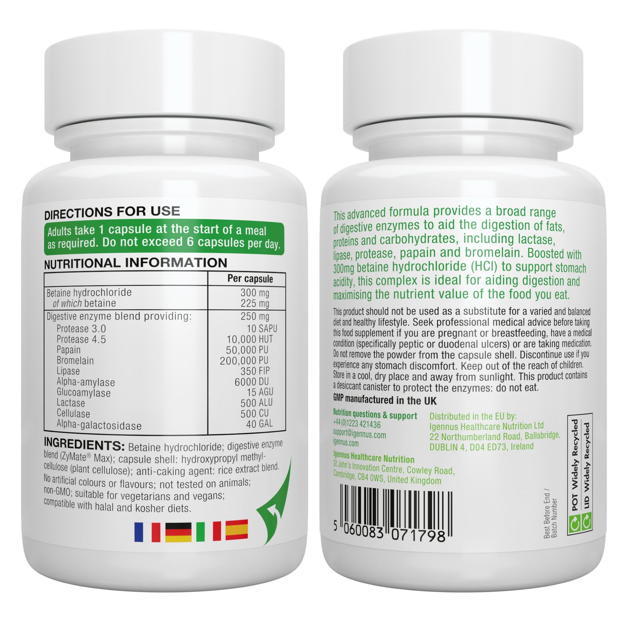 Fronte e retro della bottiglia Igennus Digestive Enzymes con istruzioni per l'uso.