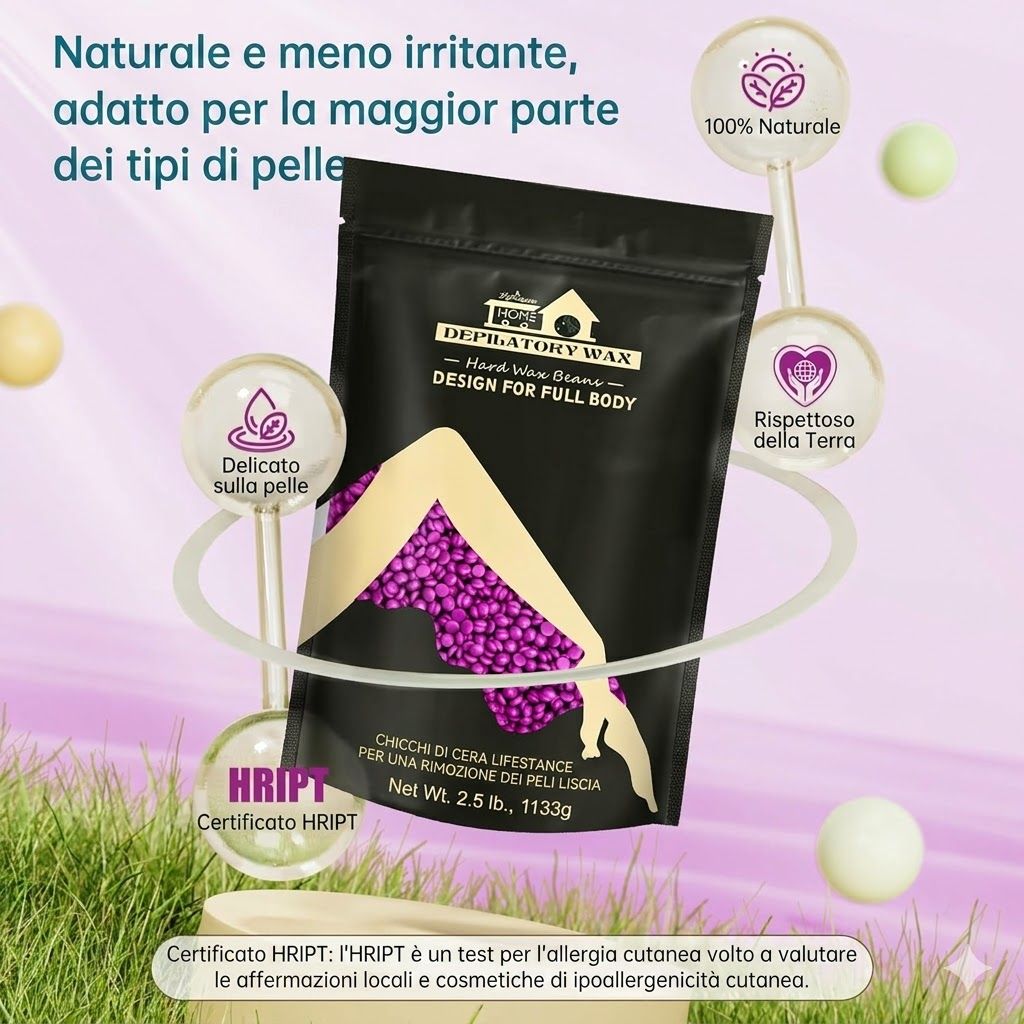 Confezione nera con perle di cera viola. Testo: Lifestance, Depilatory Wax, Design per tutto il corpo. 2.5 lb. Certificazione Hript.