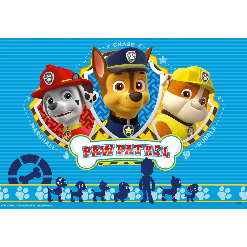 Puzzle Paw Patrol. Rappresentati Marshall, Chase e Rubble. Sfondo: cielo blu con raggi di sole.