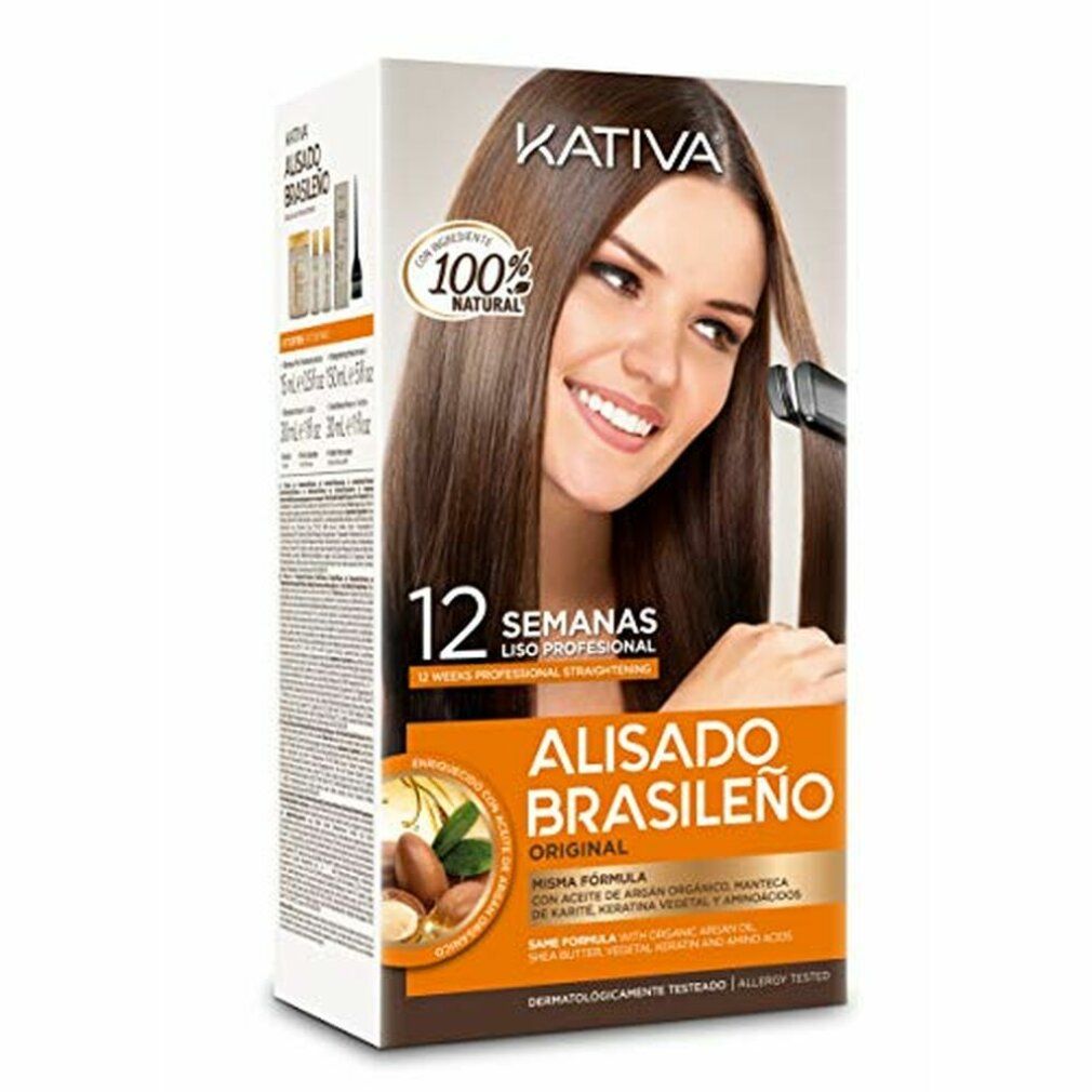 Kativa Alisado Brasileno. Scatola con donna e capelli lisci. Testo: 12 settimane, 100% Natural, Alisado Brasileno.