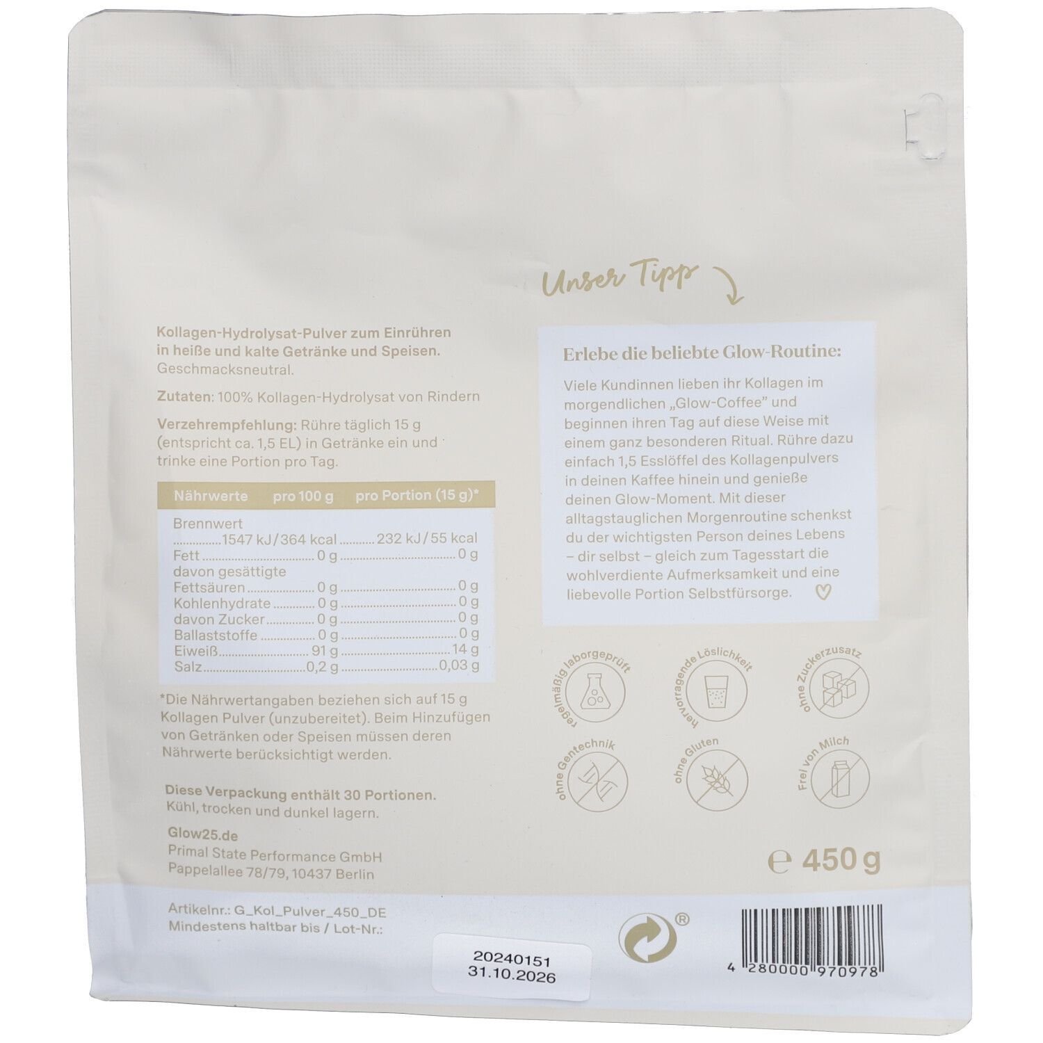 Confezione di Glow25 Kollagen Pulver. Retro con informazioni nutrizionali, testo e loghi. 450 g.