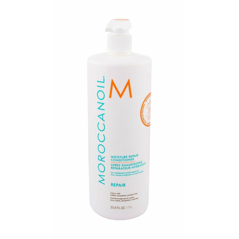 Flacone bianco con dosatore. Scritta: Moroccanoil, logo M, Moisture Repair Conditioner, Repair. Testo in francese. Adesivo arancione.
