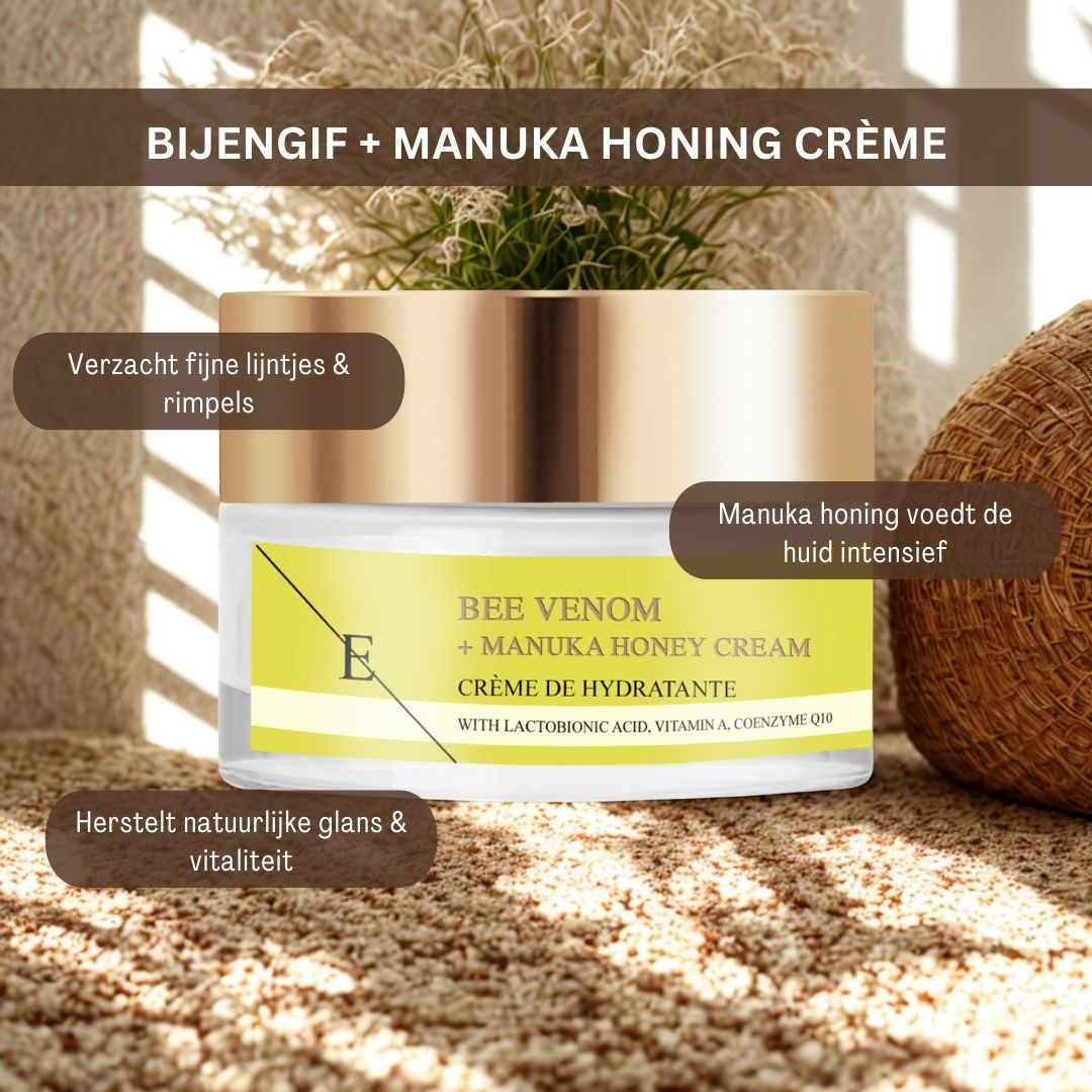 Vasetto di crema con coperchio dorato ed etichetta gialla. Testo: Veleno d'api + Crema al miele di Manuka. Con acido lattobionico, vitamina A, Q10.