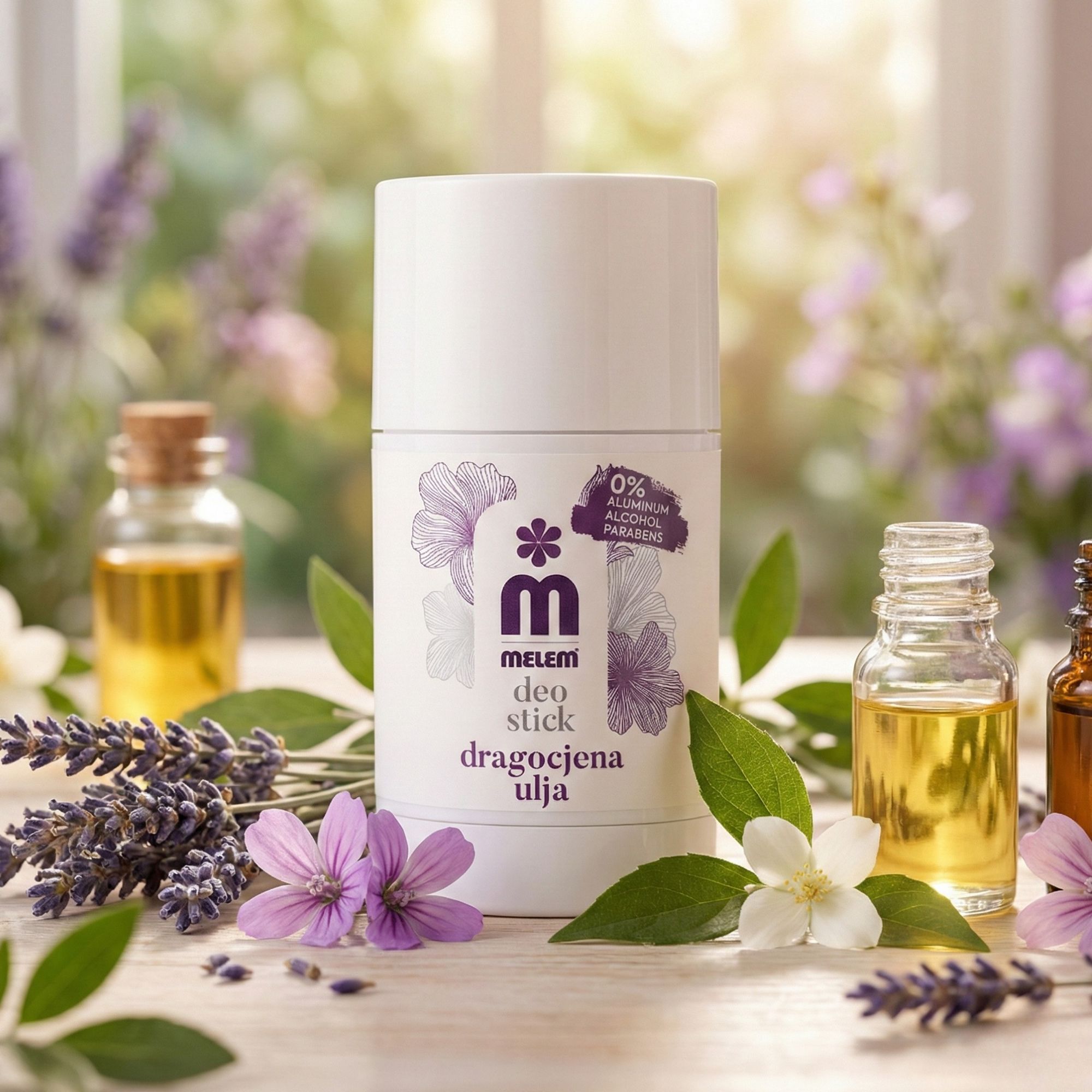 Stick deodorante bianco con motivo floreale viola. Bottiglie di olio e fiori.