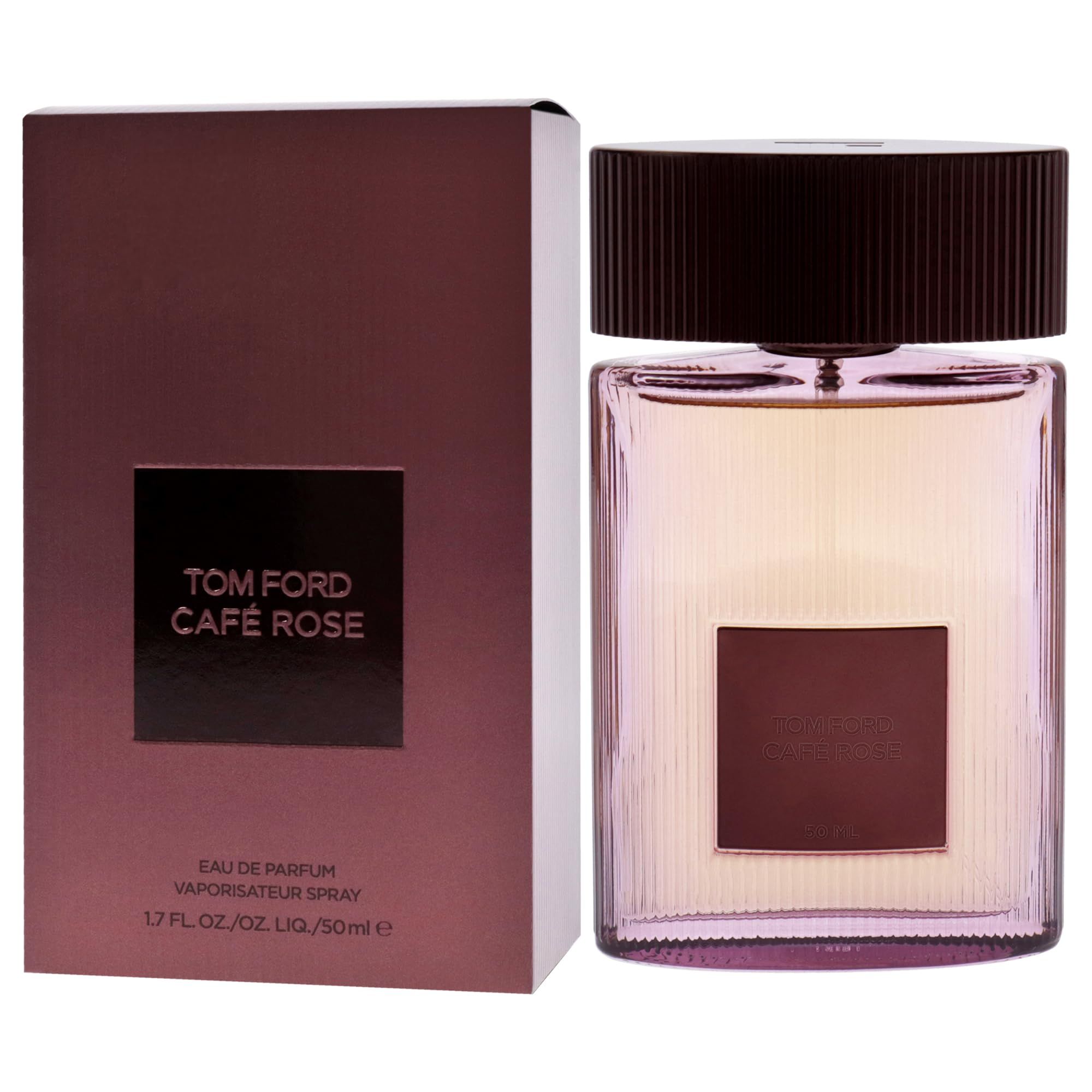 Flacone di profumo e confezione. Flacone con tappo marrone ed etichetta rettangolare. Confezione con logo e testo.