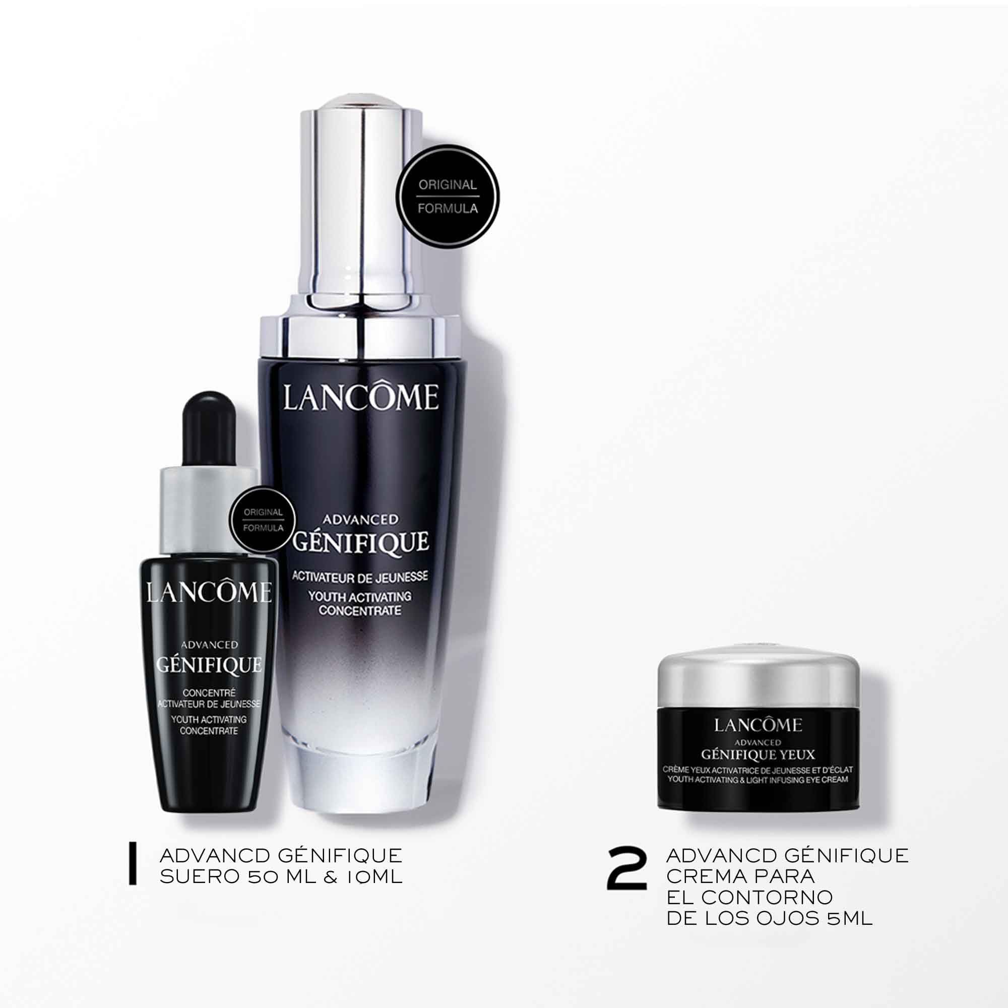 Tre prodotti Lancôme Génifique. Siero grande, concentrato piccolo e crema occhi. Flaconi neri, tappi argento. Etichette.