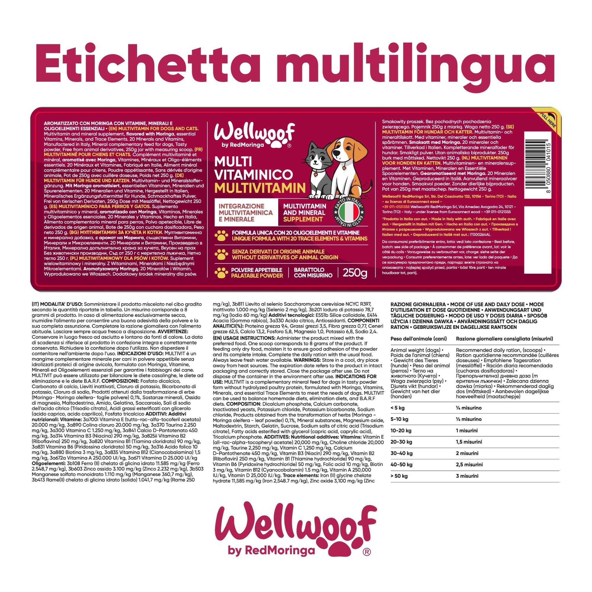 Etichetta multilingue. Wellwoof Multivitaminico Completo per Cani e Gatti. Ingredienti, dosaggio, istruzioni per l'uso.