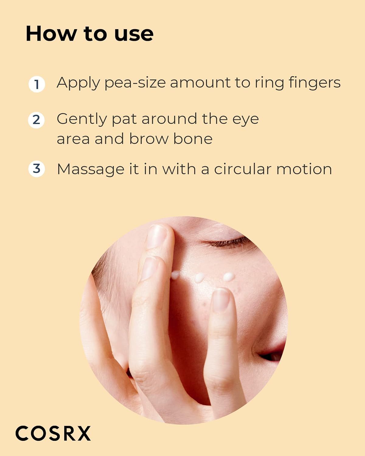Istruzioni per l'uso del prodotto. Mostra una persona che applica la crema intorno agli occhi.
