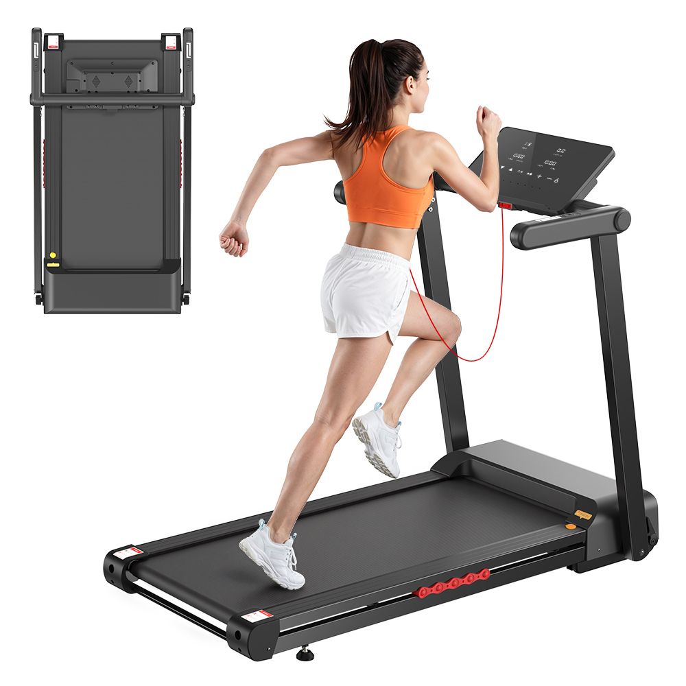 Tapis roulant nero pieghevole con donna che corre. Tapis piegato sullo sfondo.