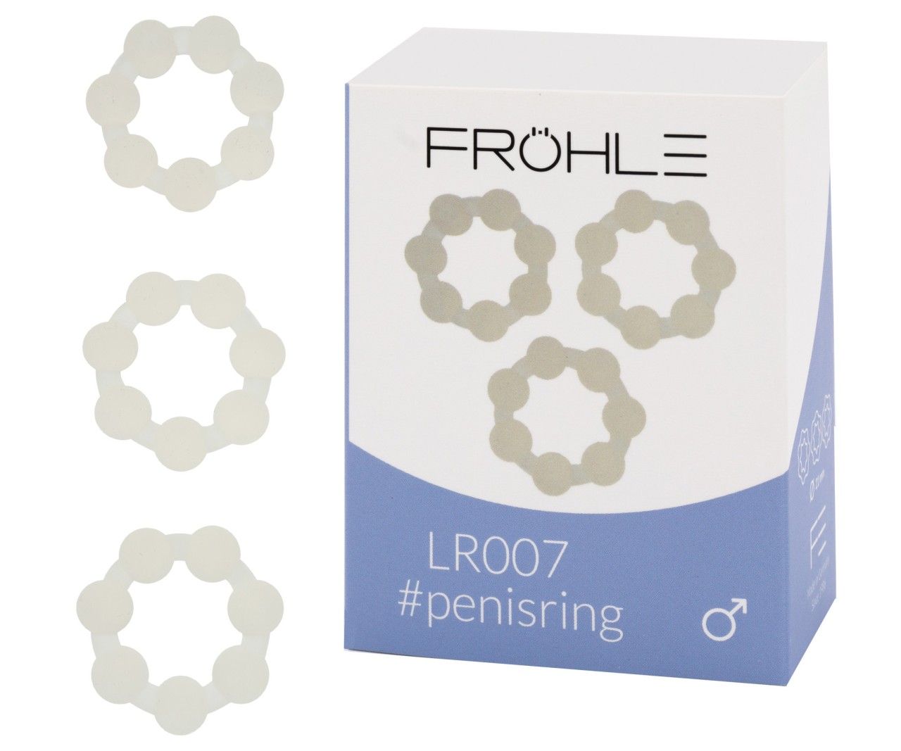 Tre anelli per pene bianchi, 21 mm, accanto alla confezione Fröhle LR007. Design a stella con otto sfere.