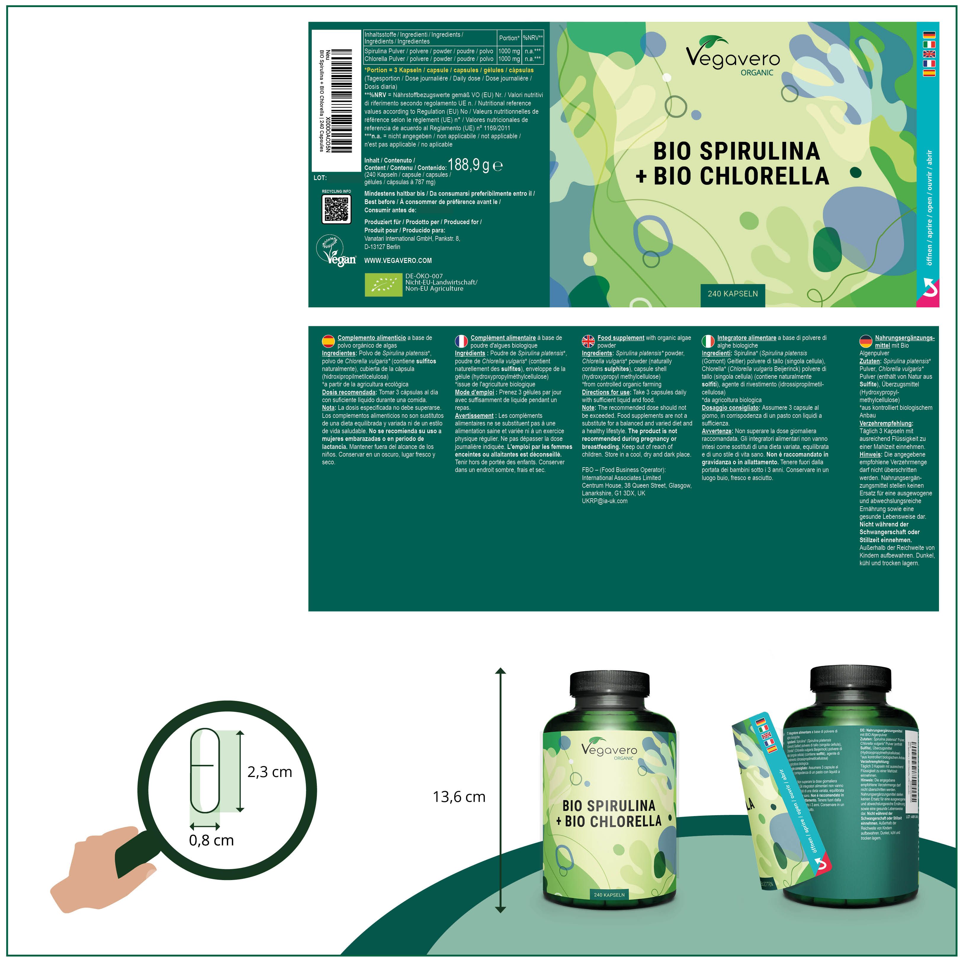 Confezione del prodotto con etichetta. Flacone con capsule, dimensioni: 13,6 cm di altezza, capsula 2,3 x 0,8 cm. Testo: BIO SPIRULINA + BIO CHLORELLA.