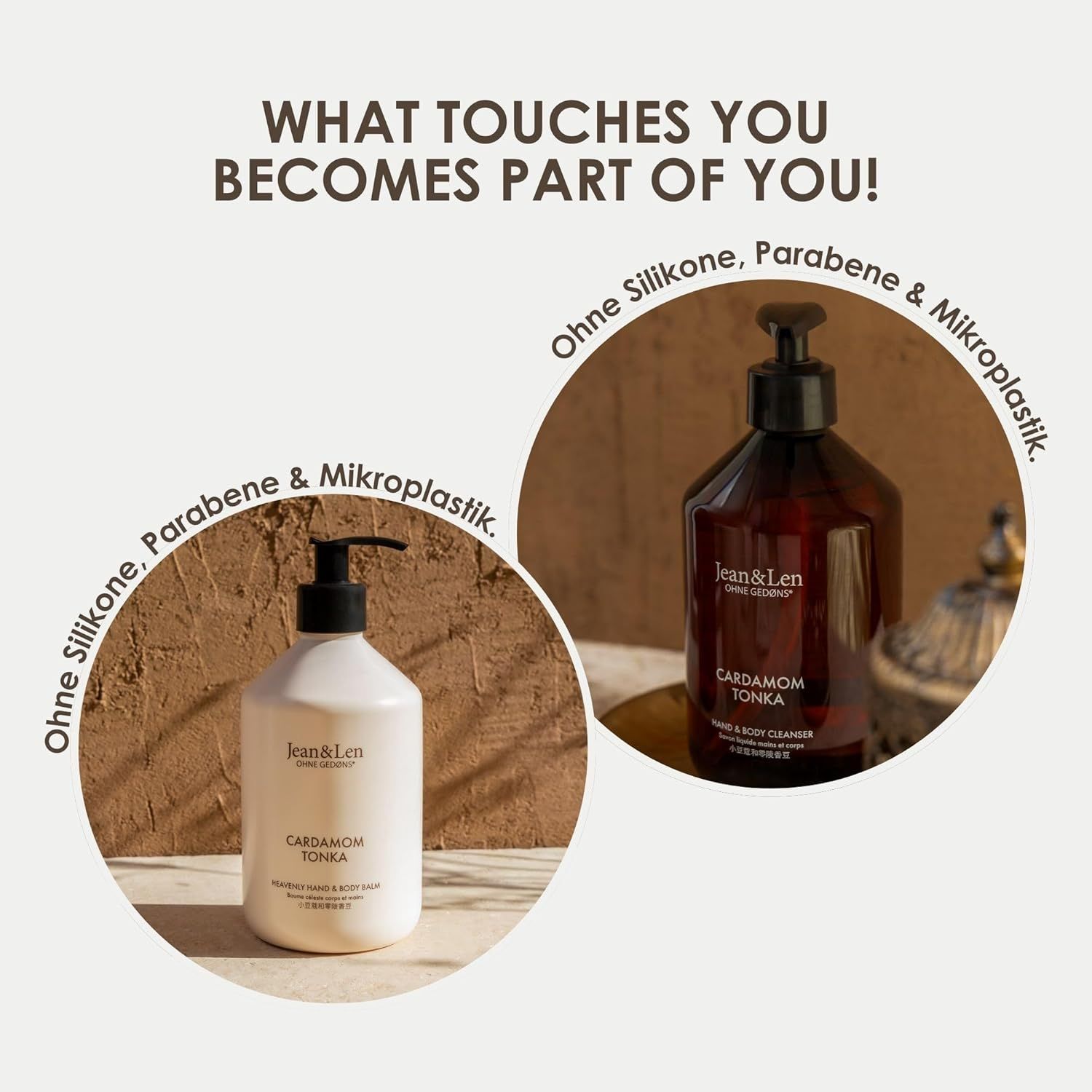 Due flaconi con dosatore nero. Testo: Cardamom Tonka. Senza siliconi, parabeni e microplastiche.