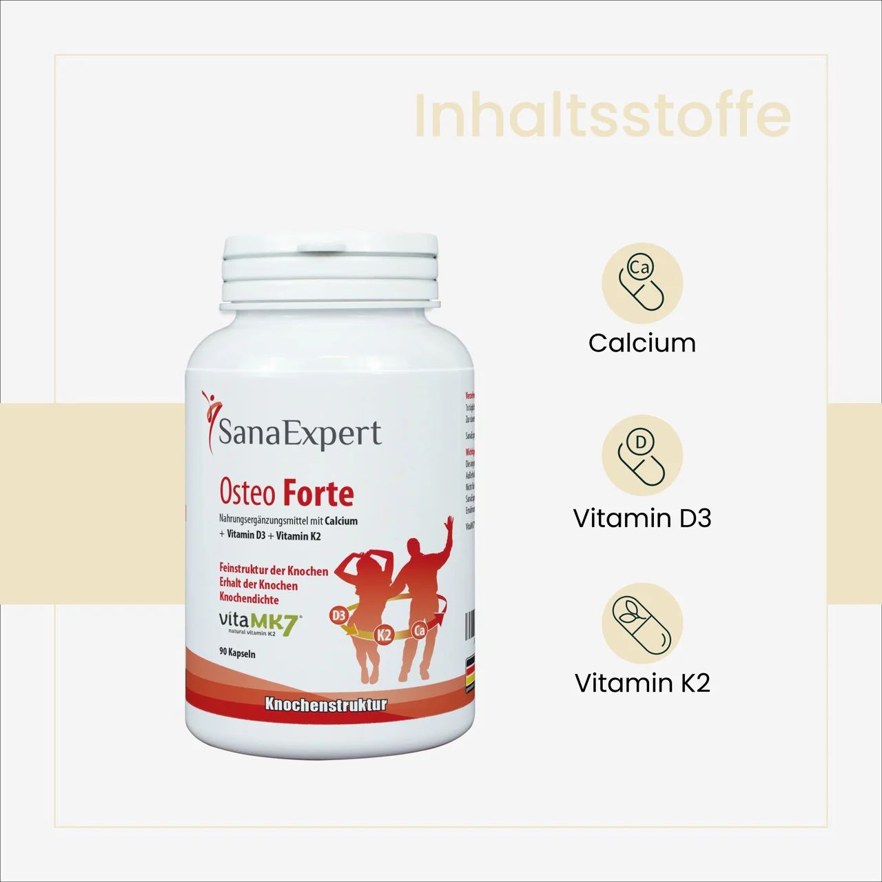 Flacone bianco con capsule. Scritta: SanaExpert Osteo Forte. Contiene calcio, vitamina D3 e K2. Illustrazione di ossa.