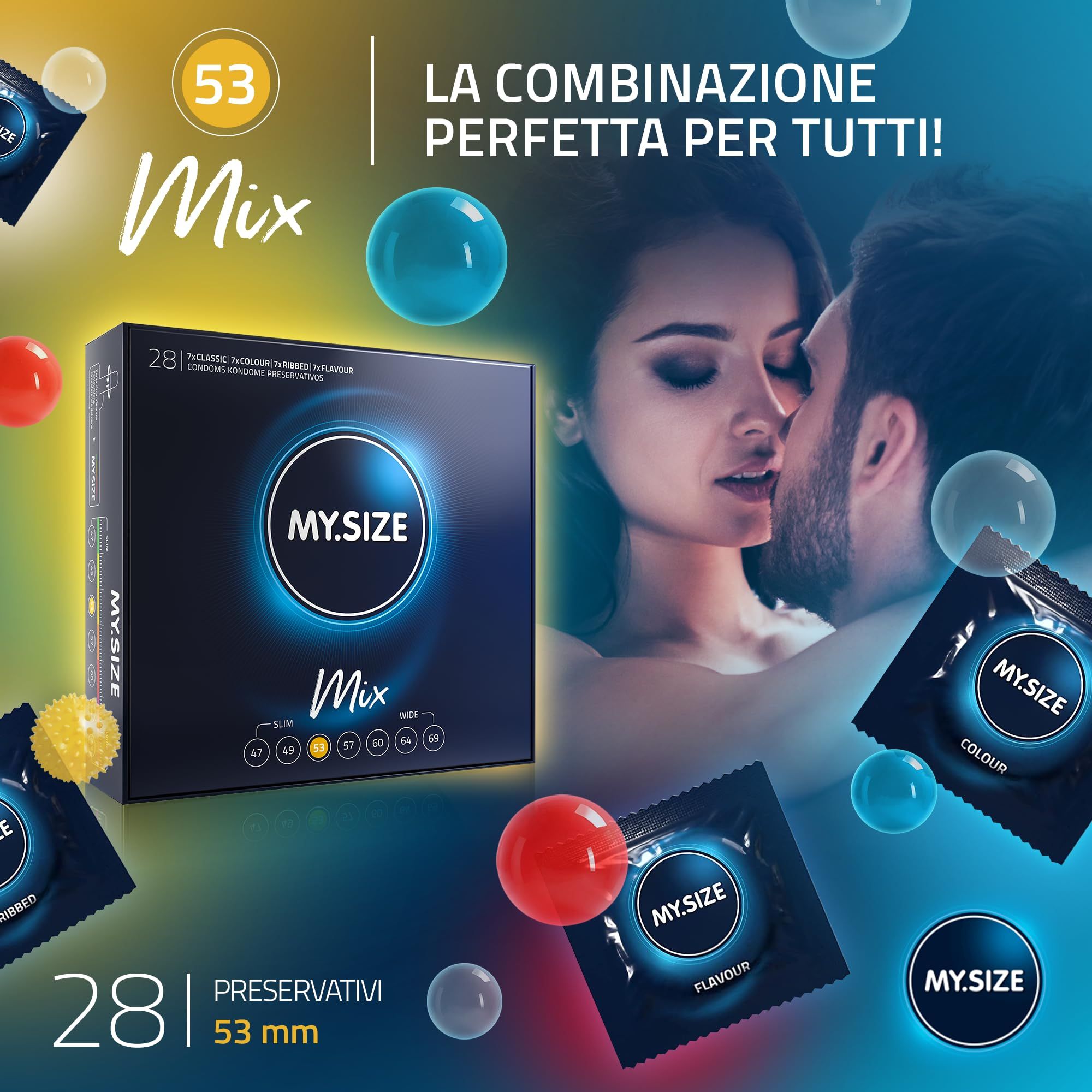 Preservativi MY.SIZE Mix 53mm: 28 pezzi, 4 varianti. Coppia che si bacia.