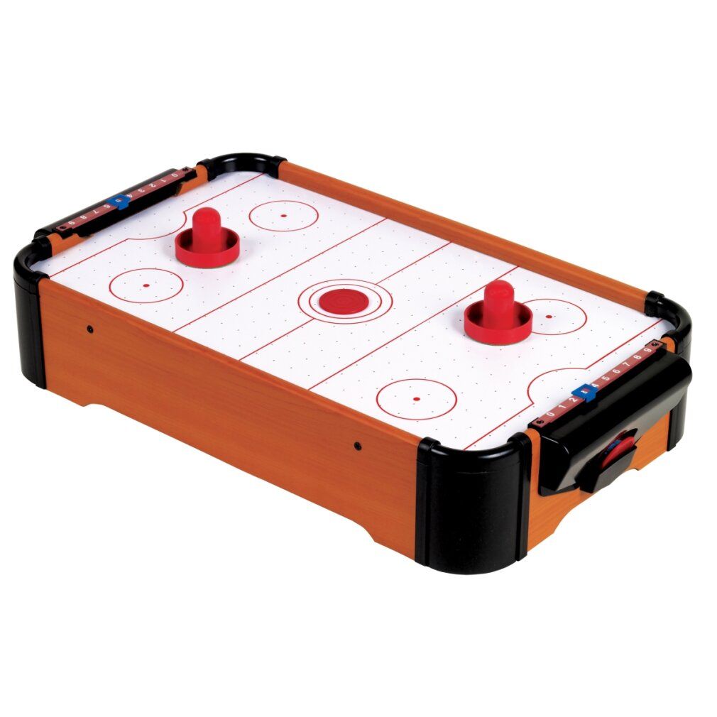 Gioco di hockey da tavolo. Campo di gioco color legno, dischi e manici rossi. Angoli e lati neri.