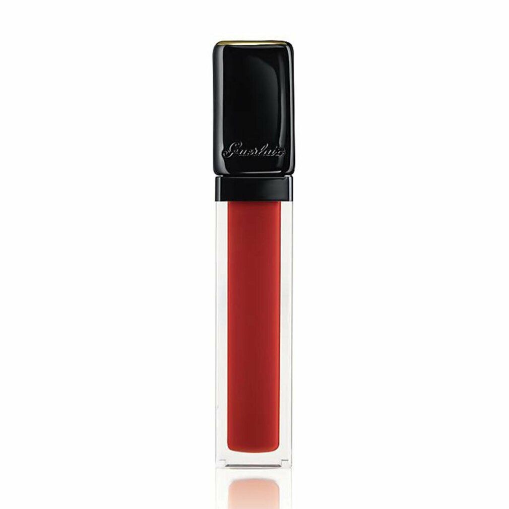 Rossetto rosso in custodia trasparente. Tappo nero con bordo dorato. Logo Guerlain.