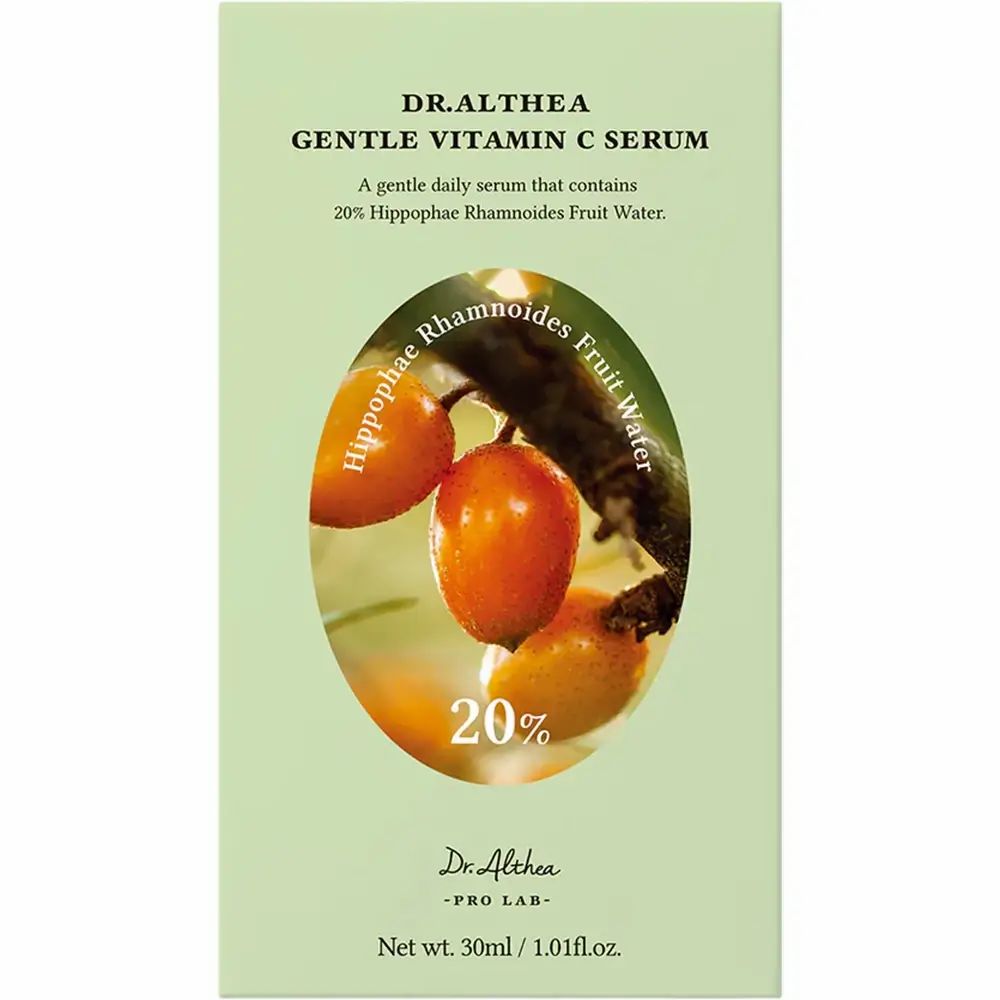 Confezione con immagine del prodotto. Scritta: Dr. Althea Gentle Vitamin C Serum. Contenuto netto: 30ml.