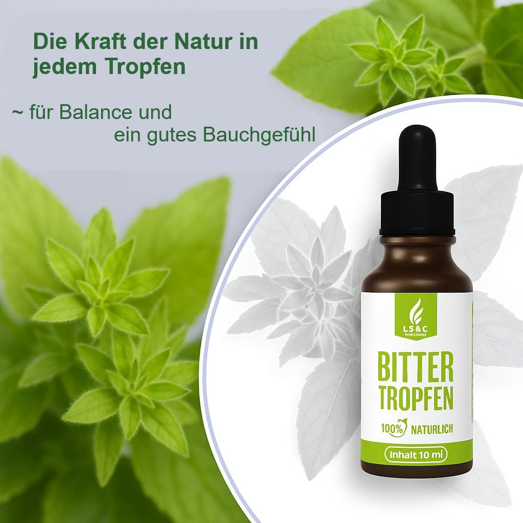 Flacone marrone con contagocce. Testo: BITTER TROPFEN, 100% NATURALE, Contenuto 10 ml. Sfondo: foglie e fiori verdi.