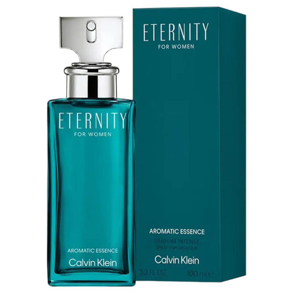 Flacone e scatola. Flacone rettangolare, blu-verde, tappo argentato. Scatola blu-verde, scritta Eternity, Calvin Klein.