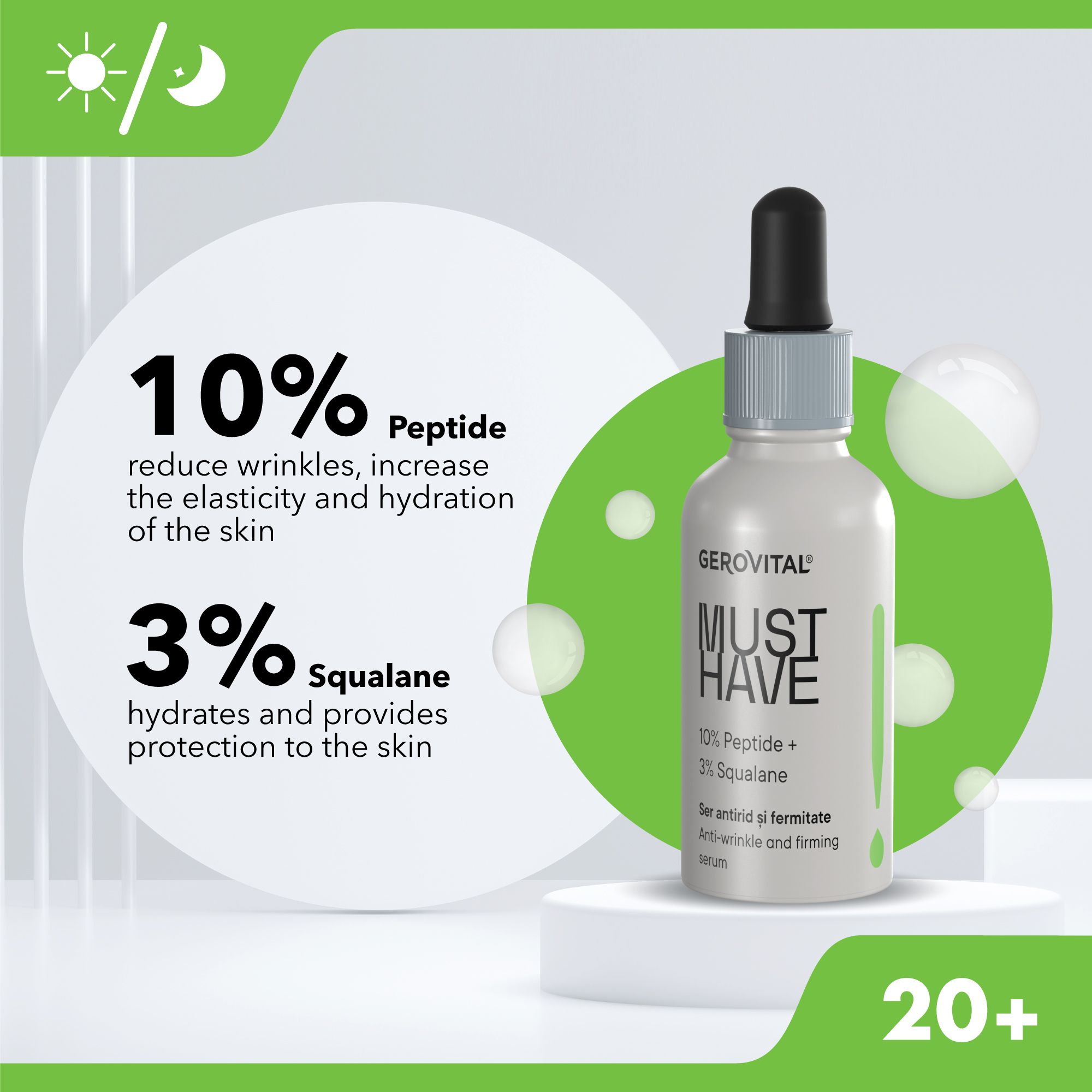 Flacone di siero Gerovital Must Have con contagocce. Contiene 10% peptidi e 3% squalano per la cura della pelle.