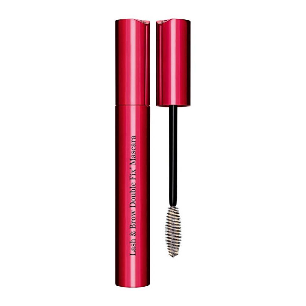 Clarins Lash & Brow Double Fix Mascara. Tubo rosso con tappo aperto e applicatore.