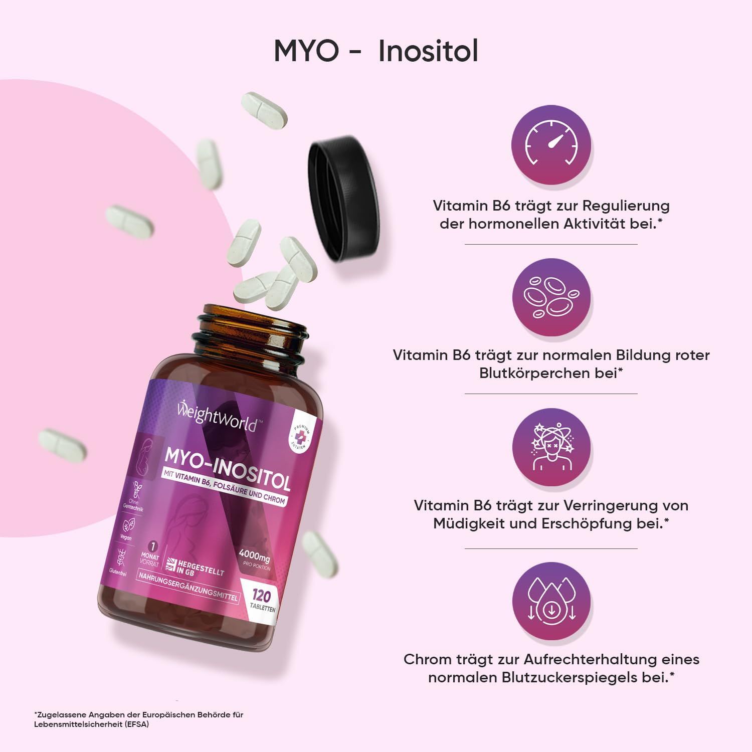 Flacone WeightWorld MYO-INOSITOL con compresse. Contiene vitamina B6, acido folico e cromo. Informazioni sull'azione della vitamina B6 e del cromo.