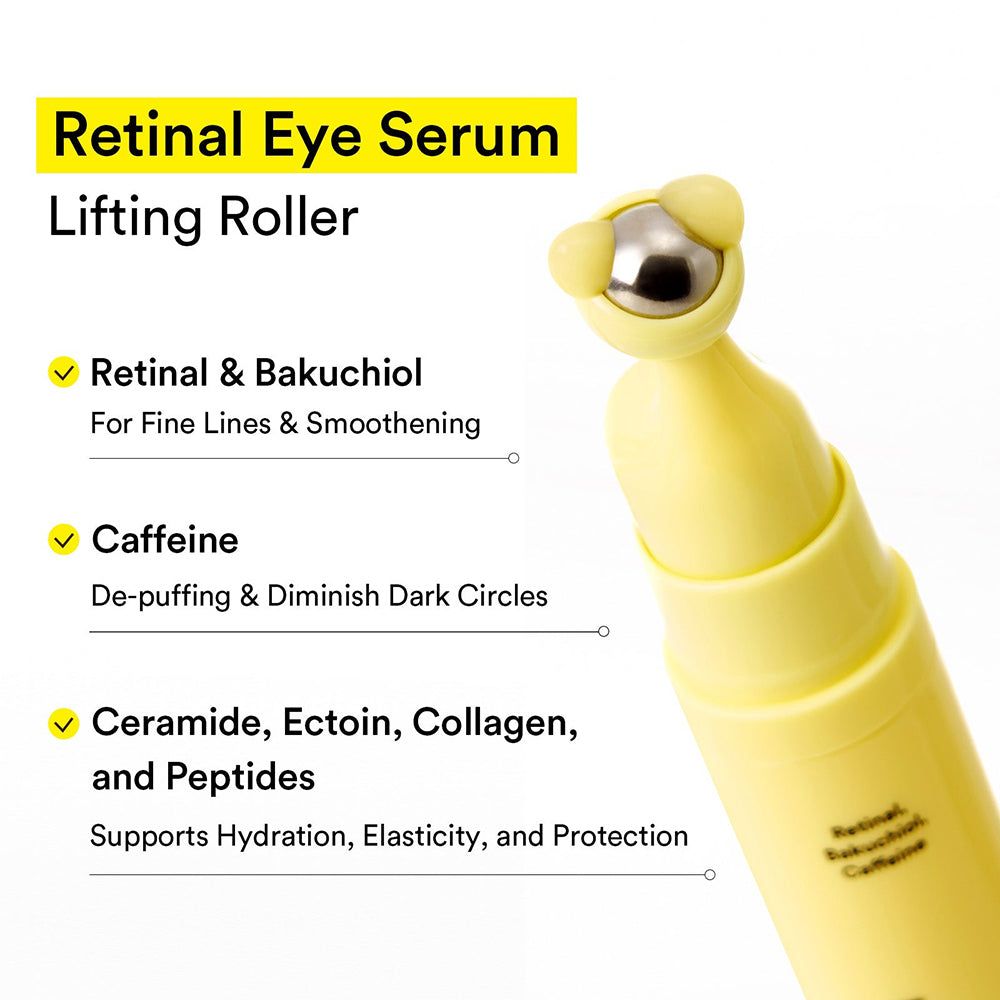 ABIB Retinal Eye Serum Lifting Roller con ingredienti: retinolo, bakuchiol, caffeina, ceramidi.