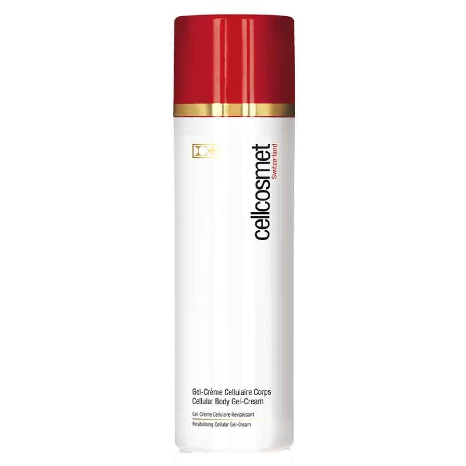 Flacone cilindrico bianco e rosso. Anello dorato. Scritta: Cellcosmet Switzerland. Testo: Gel-Crème Cellulaire Corps Cellular Body Gel-Cream.