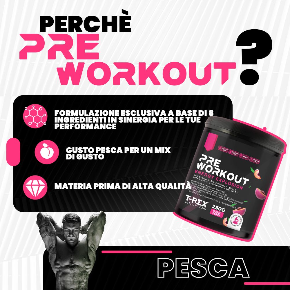 Immagine promozionale per T-Rex Pre Workout. Barattolo nero gusto pesca, circondato da elementi e testo rosa. Testo: Perché Pre Workout? Formula esclusiva a base di 8 ingredienti sinergici. Materia prima di alta qualità. Gusto pesca.
