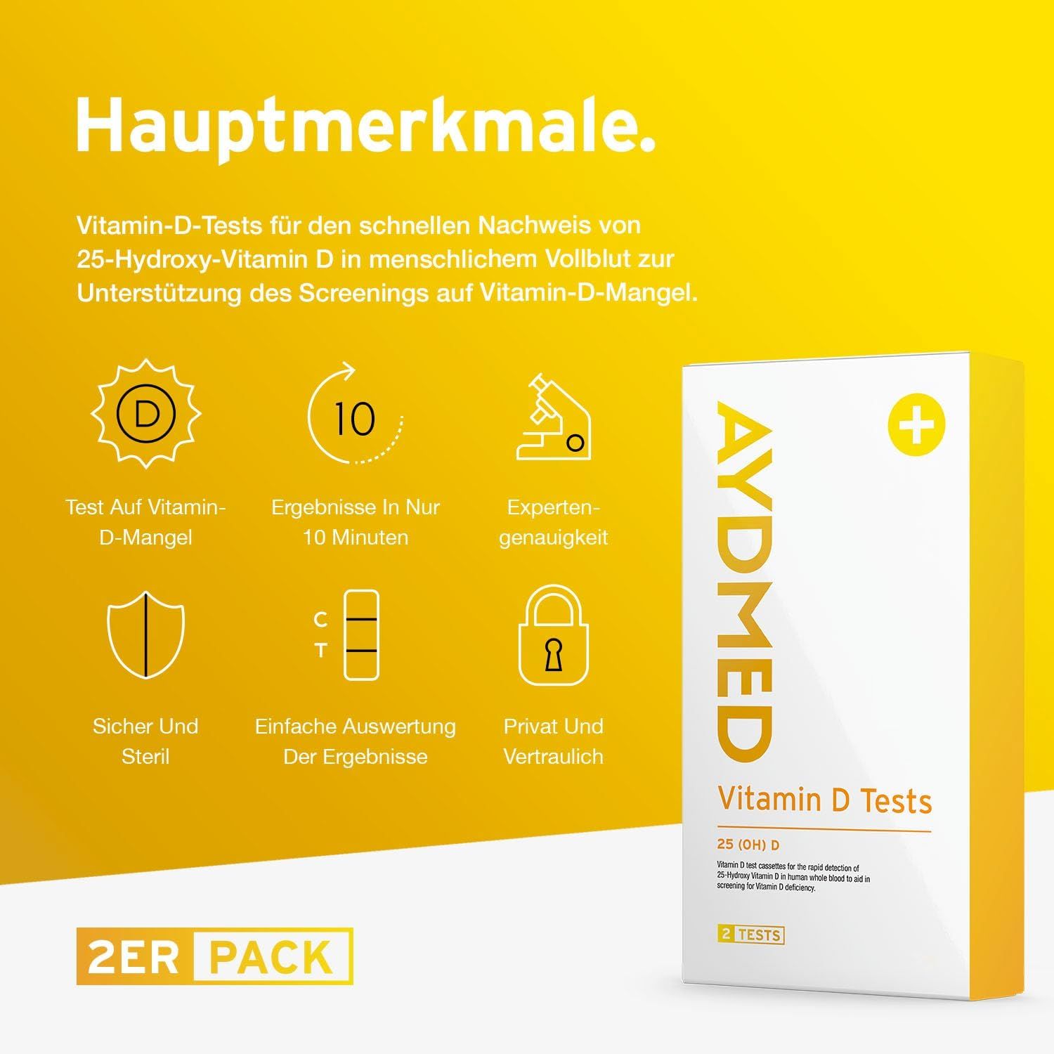 Confezione di test AYDMED Vitamina D. Include cassetta di test, risultati in 10 minuti, precisione esperta, sicuro e sterile.