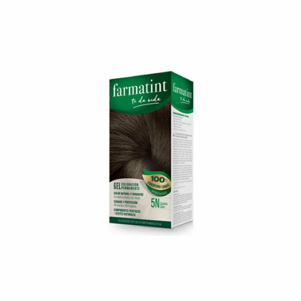 Confezione Farmatint, colorazione permanente in gel. Tonalità 5N Marrone chiaro. Copertura 100% capelli bianchi.