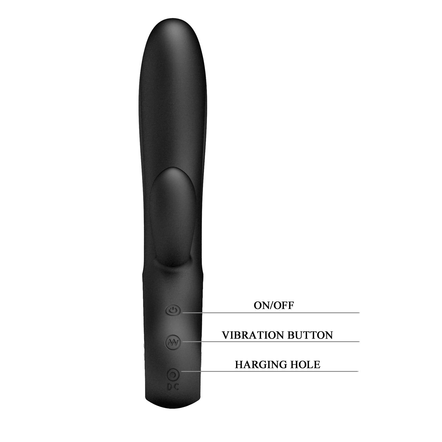 Prodotto benessere nero con tre pulsanti: ON/OFF, vibrazione, porta di ricarica.