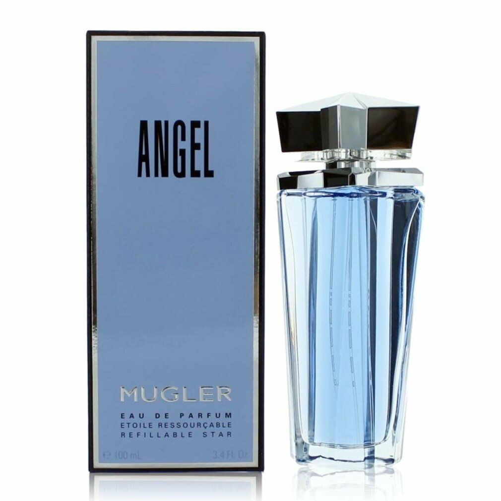 Flacone e confezione di Angel Eau de Toilette. Il flacone è a forma di stella, blu e trasparente. La confezione è blu.