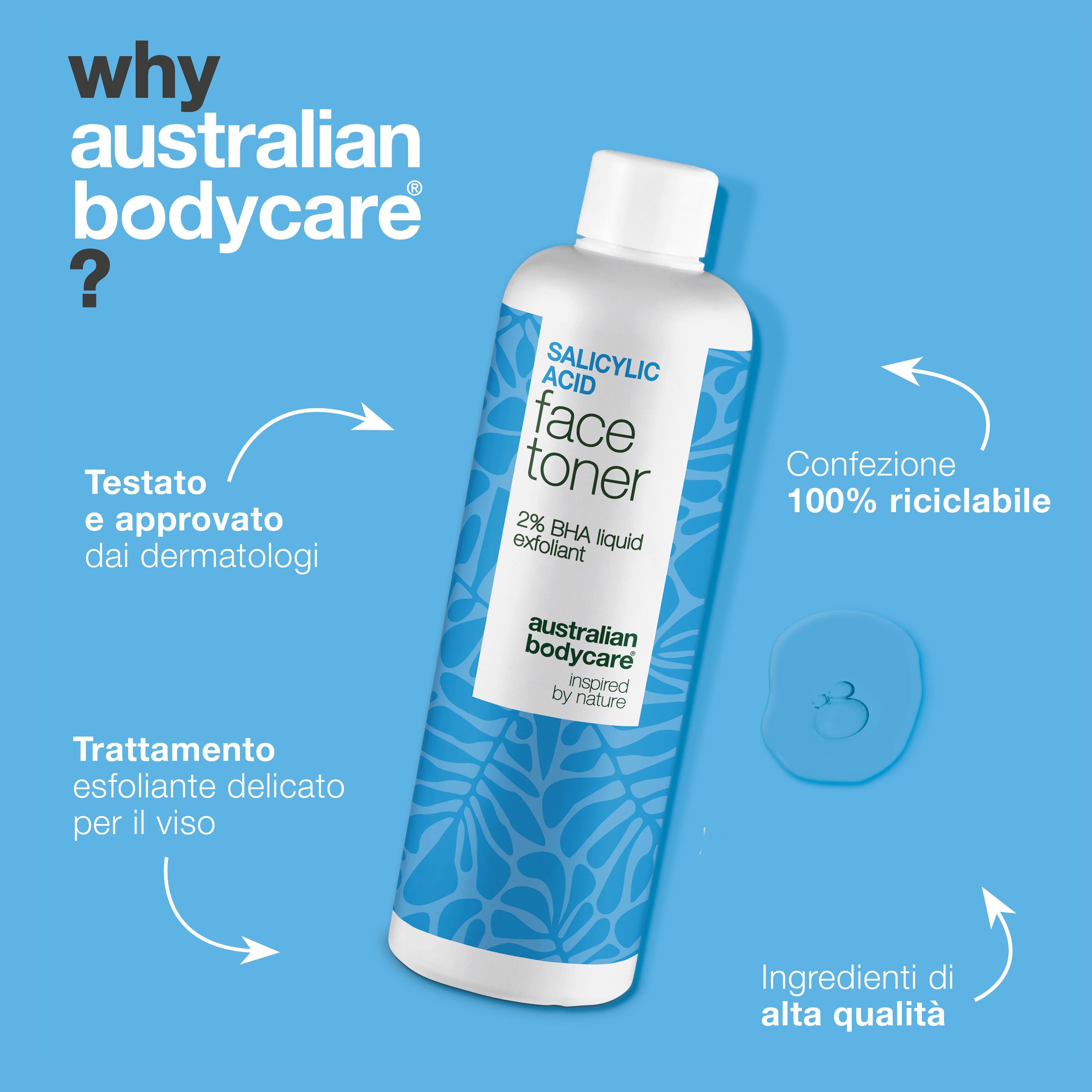 Flacone: Salicylsäure Face Toner, 2% BHA liquid exfoliant. Marchio: Australian Bodycare. Testo: Perché Australian Bodycare? 100% riciclabile.
