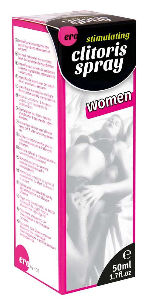 Confezione: Ero Stimulating Clitoris Spray, 50ml. Fronte con nome del prodotto e illustrazione.