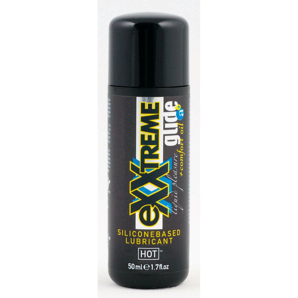 Flacone nero con tappo nero. Scritta: eXXtreme glide, SILICONEBASED LUBRICANT, HOT. 50 ml.