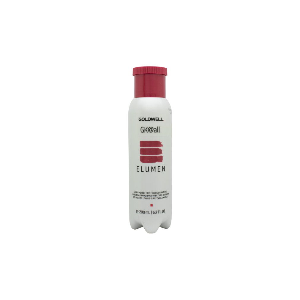 Flacone di tinta per capelli Goldwell Elumen. Flacone bianco, tappo rosso, nome e logo del prodotto.