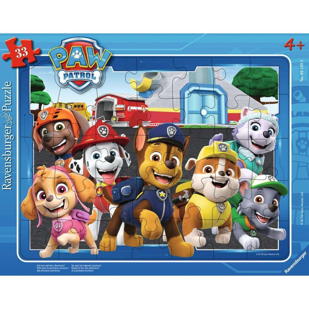 Puzzle con cornice Paw Patrol, 33 pezzi. Bordo blu. Personaggi Paw Patrol raffigurati. Logo e raccomandazione d'età 4+.