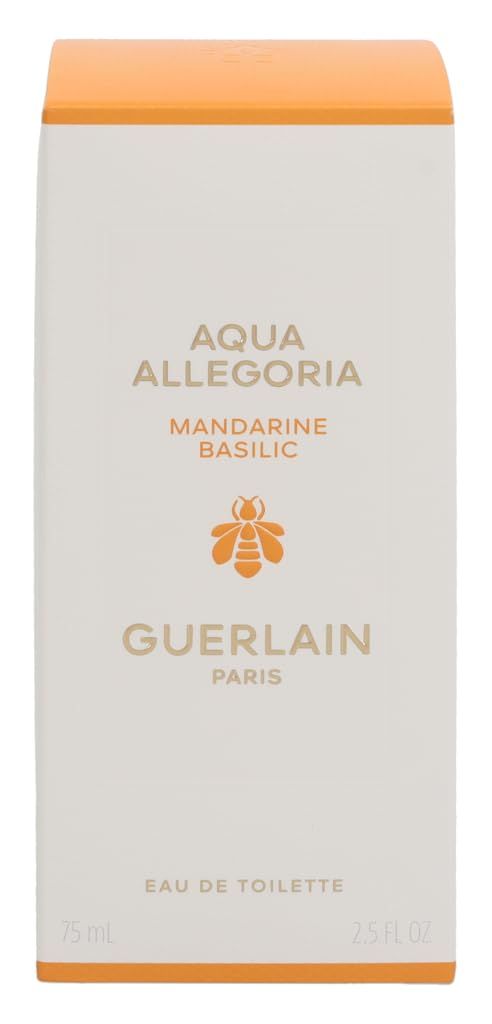 Confezione bianca con parte superiore arancione. Scritta Aqua Allegoria, Mandarine Basilic, Guerlain. Scritta Eau de Toilette. 75 ml, 2.5 FL OZ.