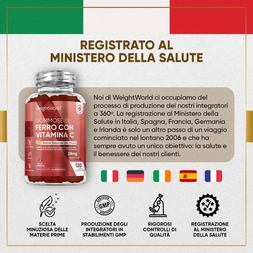 Gommose WeightWorld Ferro & Vitamina C. Registrato al Ministero della Salute. Certificazione GMP.
