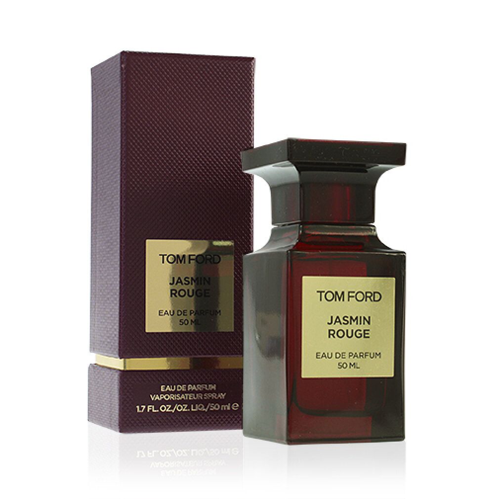 Flacone e confezione rosso scuro. Scritta: Tom Ford Jasmin Rouge, Eau de Parfum, 50 ml.